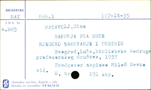 Bakonja fra-Brne : njegovo đakovanje i postrig / Simo Matavulj.