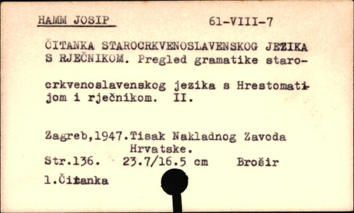 Čitanka starocrkvenoslavenskog jezika s rječnikom.