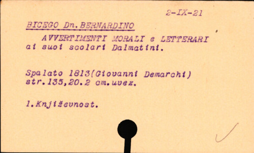 Avvertimenti morali e letterari di D.n Bernardino Bicego, professore di belle lettere nel seminario arcivescovile di Spalato a suoi scolari Dalmatini.