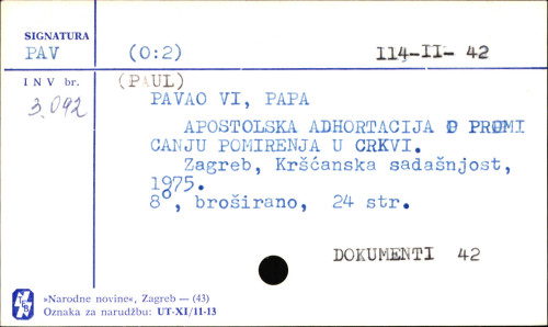 Apostolska adhortacija o promicanju pomirenja u crkvi / Papa Pavao VI.