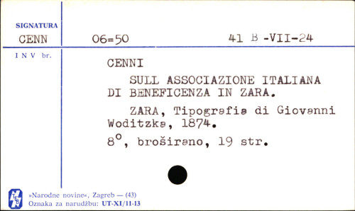 Cenni sull' Associazione italiana de beneficenza in Zara : (anno I' e II').