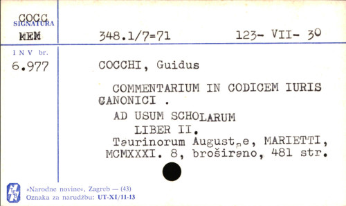 Commentarium in Codicem iuris canonici ad usum scholarum ... / sac. doct. Guidus Cocchi ...