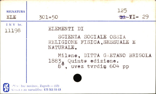 Elementi di scienza sociale ossia religione fisica, sessuale e naturale : esposizione della vera causa delle tre principali piaghe sociali, la provertà, la prostituzione, il celibato / di un dottore in medicina ; tradotto dall'undecima edizione inglese riveduto e corretto dall'autore.