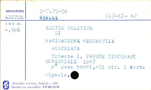 Editto politico di navigazione mercantile austriaca : in data di Vienna 25 aprile 1774 coll'aggiunta delle Posteriori prescizioni.