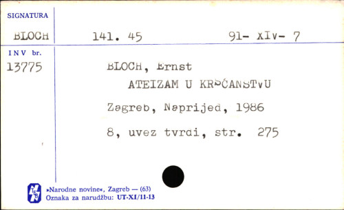 Ateizam u kršćanstvu / Ernst Bloch ; preveo s njemačkoga Hrvoje Šarinić.