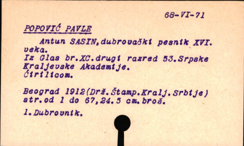 Antun Sasin dubrovački pesnik XVI veka / od Pavla Popovića.