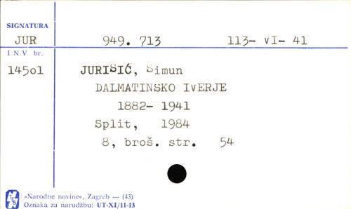 Dalmatinsko iverje : 1882-1941. / Šimun Jurišić.