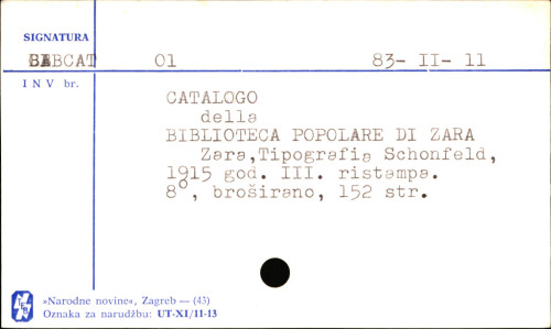 Catalogo della Biblioteca popolare di Zara.