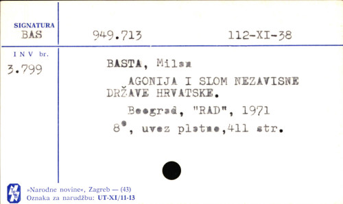 Agonija i slom Nezavisne Države Hrvatske / Milan Basta.