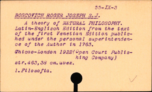 A theory of natural philosophy, put forward and explained by Roger Joseph Boscovich.