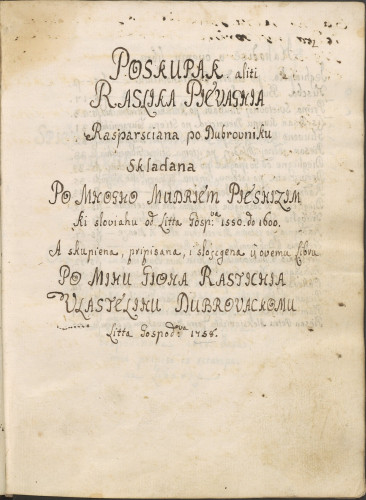 »Piesni / skupljelne od / Resti/chia«