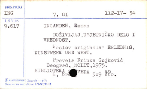 Doživljaj, umetničko delo i vrednost / Roman Ingarden ; [prevela Drinka Gojković].