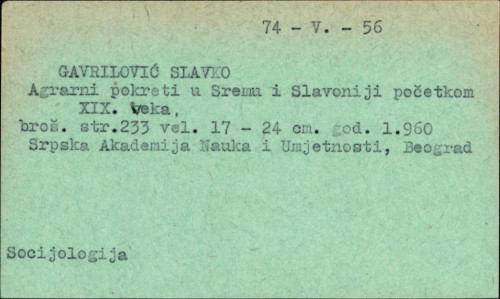 Agrarni pokreti u Sremu i Slavoniji početkom XIX veka / Slavko Gavrilović.