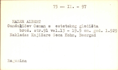 Gundulićev Osman : s estetskoga gledišta / Albert Haler.