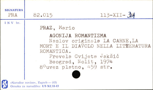 Agonija romantizma / Mario Prac ; [prev. Cvijeta Jakšić].