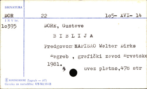 Biblija / 230 ilustracija Gustave Dorea s izvacima iz Novog i Starog zavjeta ; predgovor Waltera Dirksa ; [prijevod predgovora Ljerka Depolo ; urednik Vjeran Zuppa].
