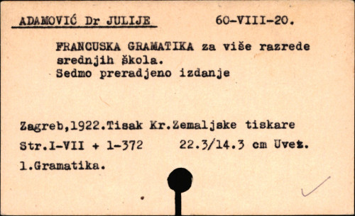 Francuska gramatika : za više razrede srednjih škola = Grammaire francaise : course superieur : a l'usage de l'enseignement secondaire dans le Royaume des Serbes, Croates et Slovenes / izradio Julije Adamović.