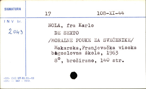 De sexto... : moralne pouke za svećenike / napisao Karlo Nola.