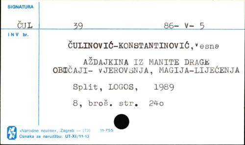 Aždajkinja iz Manite Drage : običaji, vjerovanja, magija, liječenja / Vesna Čulinović-Konstantinović.