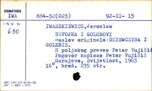 Devojka i golubovi / Jaroslav Ivaškjevič ; [s poljskog preveo Petar Vujičić].