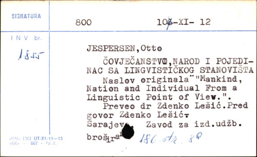 Čovječanstvo, narod i pojedinac sa lingvističkog stanovišta / Otto Jespersen ; [prevod Zdenko Lešić].
