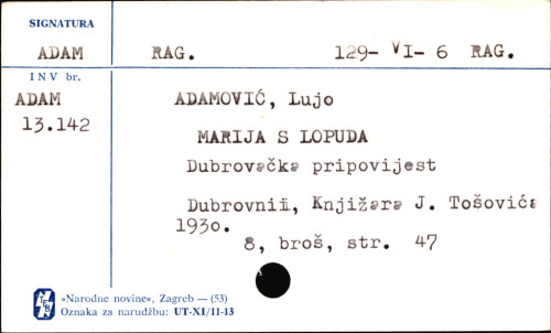 Marija s Lopuda : dubrovačka pripovijest / od Luja V. Adamovića.