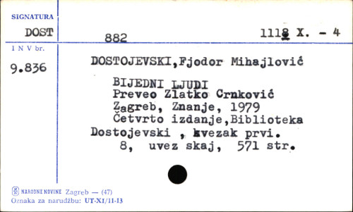 Bijedni ljudi / F. M. Dostojevski ; preveli Iso Velikanović i Ivan Kušan. Najvažniji datumi iz života i stvaralaštva F. M. Dostojevskoga / [Leonid Grosman] ; preveo Zlatko Crnković.