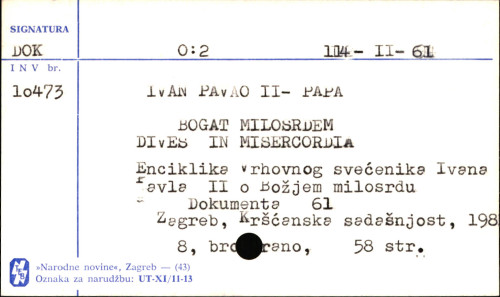 Bogat milosrđem = Dives in misericordia : enciklika vrhovnog svećenika Ivana Pavla II o Božjem milosrđu / Ivan Pavao II.