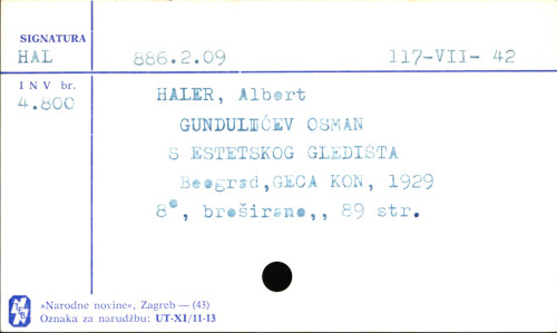 Gundulićev Osman : s estetskoga gledišta / Albert Haler.