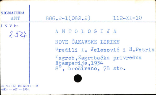 Antologija nove čakavske lirike / uredili I. Jelenović i H. Petris.