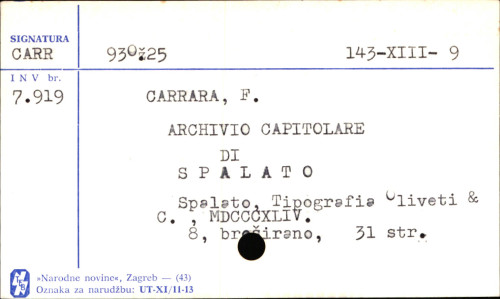 Archivio capitolare di Spalato : tratto dall' i. r. archivo secreto di Casa di Corte e di Stato / dell' abate F. Carrara.