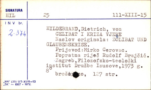 Celibat i kriza vjere / Dietrich von Hildebrand ; [prijevod Mirko Cerovac].