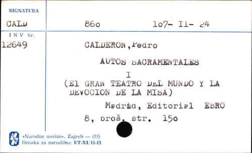 Autos sacramentales / Calderón de la Barca ; [edición y prólogo de Enrique Rull Fernández].