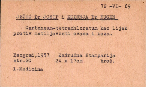 Carboneum-tetrachloratum kao lijek protiv metiljavosti ovaca i koza / Josip Ježić i Eugen Kodrnja.